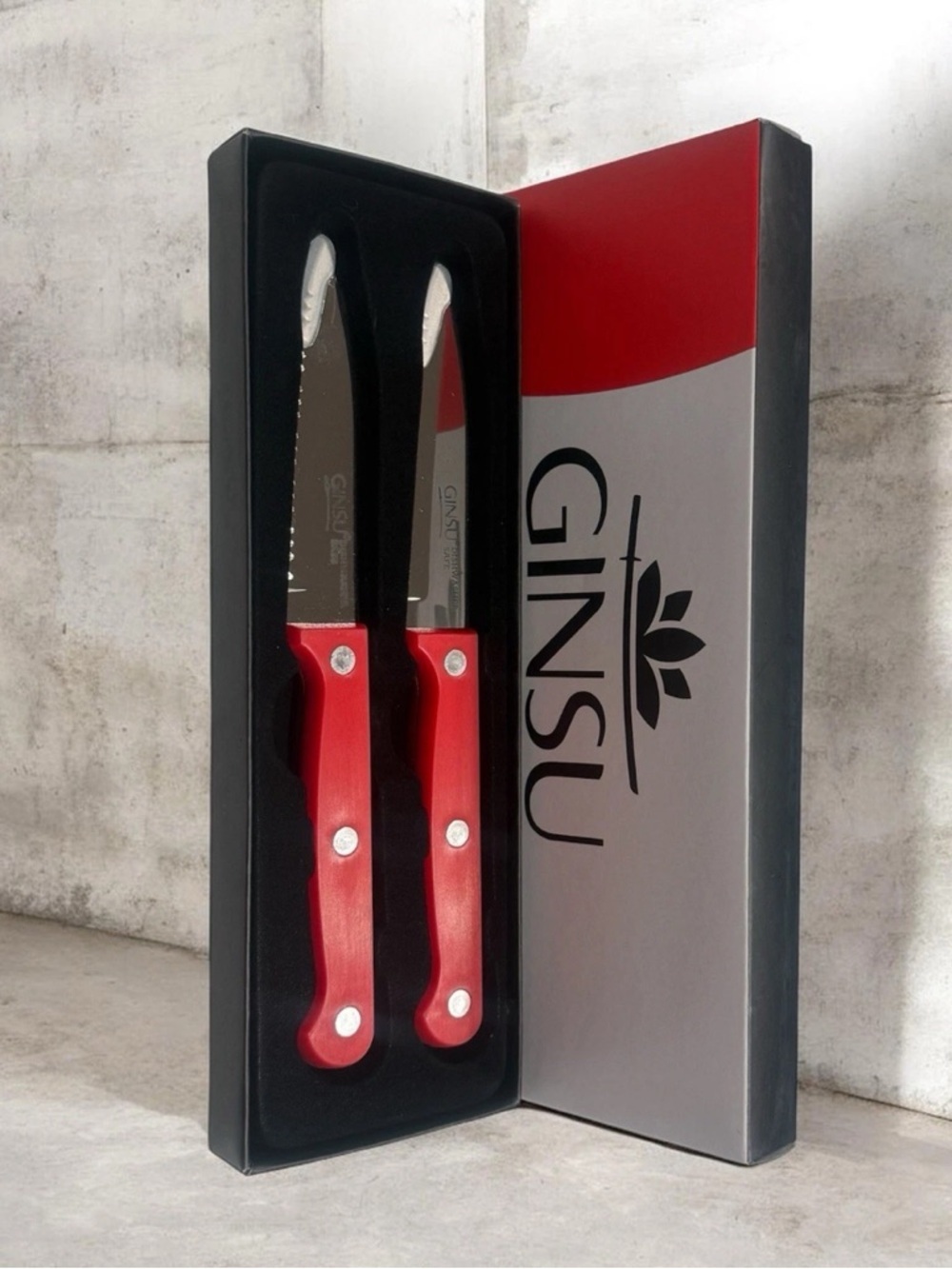 Ginsu Kiso 2-Piece Kitchen Serrated Steak Knife Cutlery Set Red Handle NEW BOX